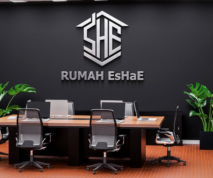 Kantor RUMAH EsHaE — ruang rapat modern dengan branding SHE